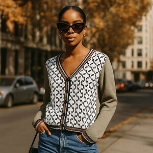 Elaris Satin Patterned Front Mixed Media Vneck Sweater Cardigan-Size L